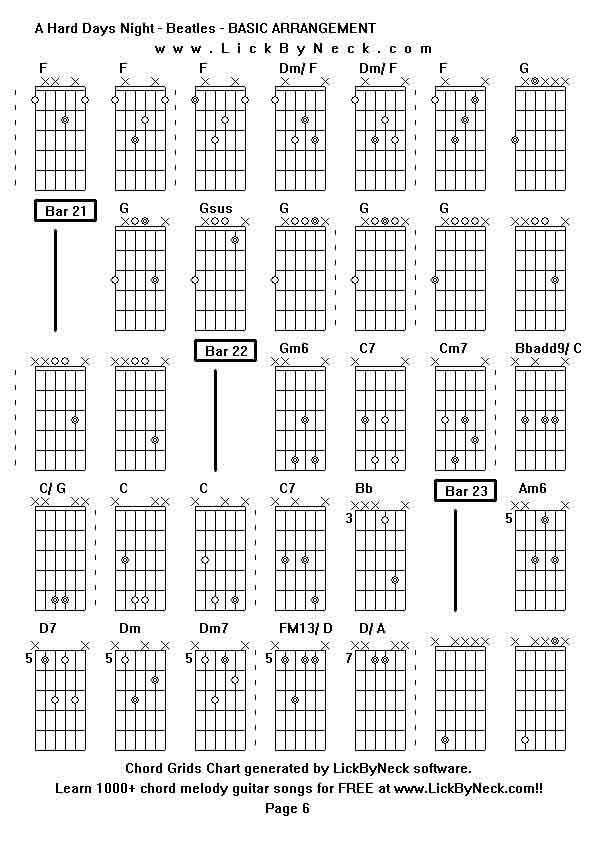 Chord Grids Chart of chord melody fingerstyle guitar song-A Hard Days Night - Beatles - BASIC ARRANGEMENT,generated by LickByNeck software.